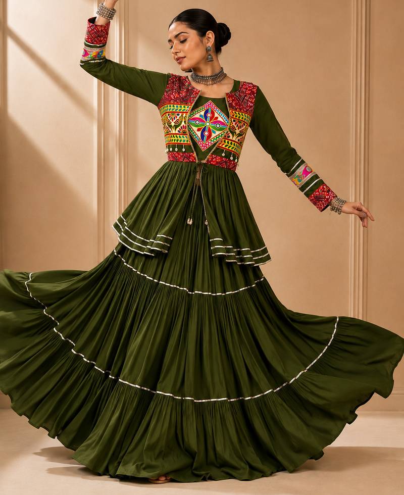 Green Cotton Gamthi Work Lehenga Choli with Koti