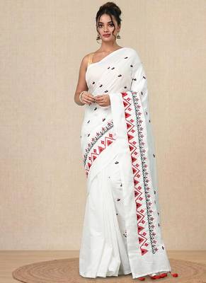 white ethnic motifs cotton blend soft saree 1
