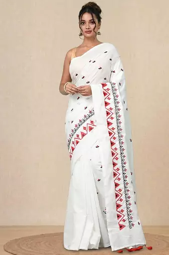 white ethnic motifs cotton blend soft saree