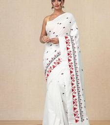white ethnic motifs cotton blend soft saree