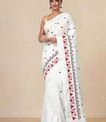 white ethnic motifs cotton blend soft saree