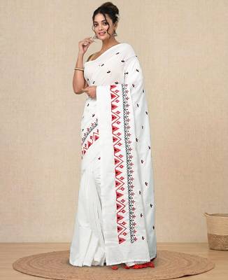 white ethnic motifs cotton blend soft saree 2