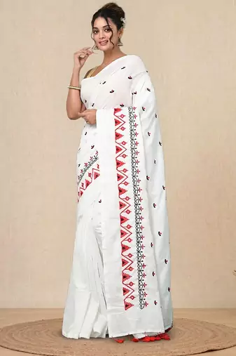 white ethnic motifs cotton blend soft saree