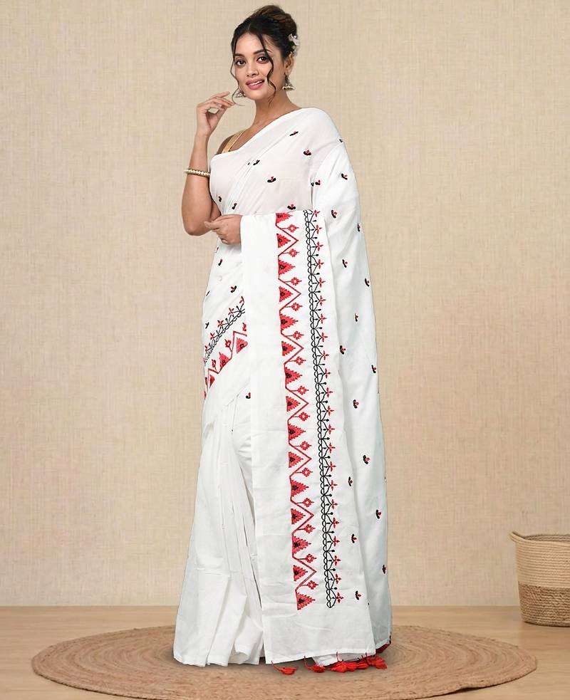 white ethnic motifs cotton blend soft saree