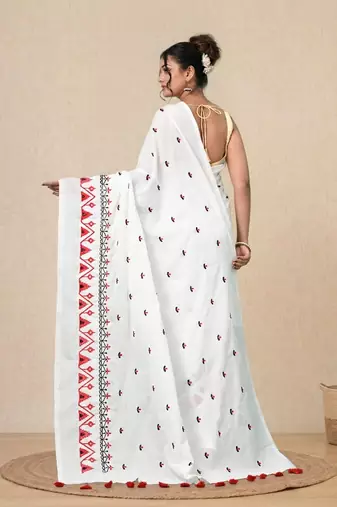 white ethnic motifs cotton blend soft saree