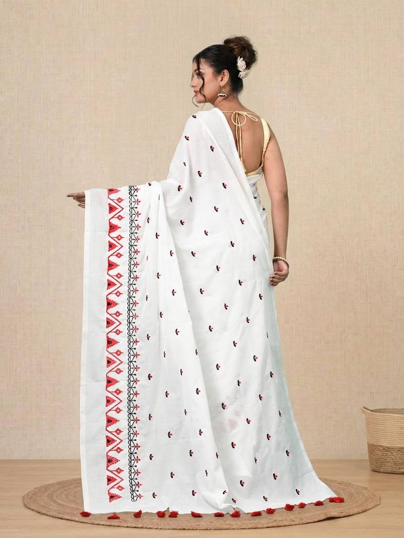 white ethnic motifs cotton blend soft saree