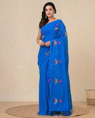 sky blue ethnic motifs cotton blend soft saree 1