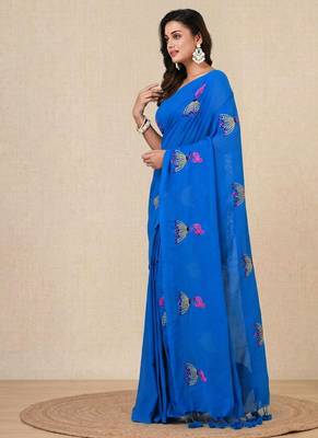 sky blue ethnic motifs cotton blend soft saree 2