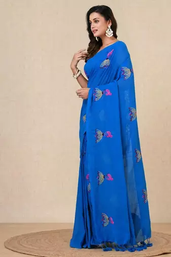 sky blue ethnic motifs cotton blend soft saree