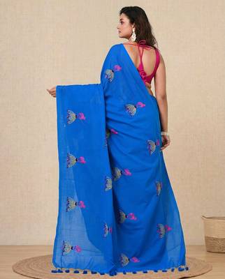 sky blue ethnic motifs cotton blend soft saree 3