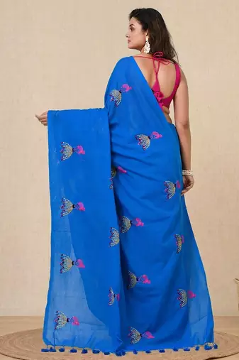 sky blue ethnic motifs cotton blend soft saree