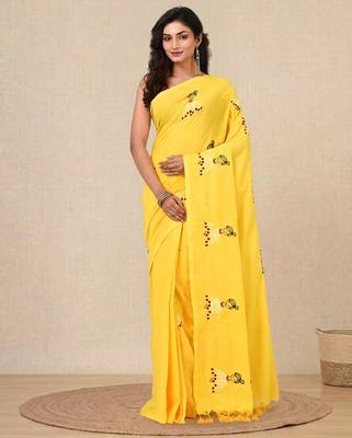 yellow ethnic motifs cotton blend soft saree 1