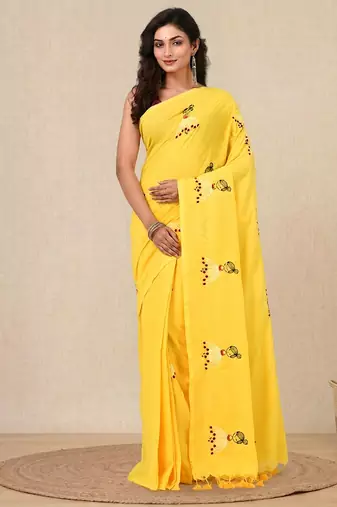 yellow ethnic motifs cotton blend soft saree