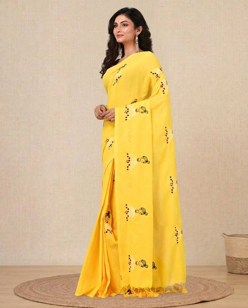 yellow ethnic motifs cotton blend soft saree