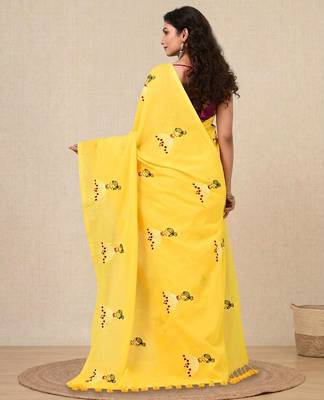 yellow ethnic motifs cotton blend soft saree 3