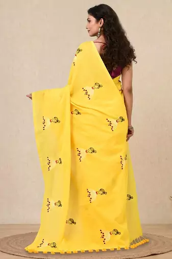 yellow ethnic motifs cotton blend soft saree