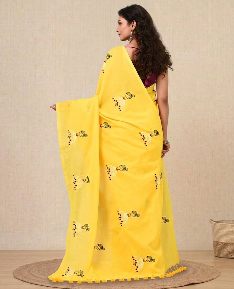yellow ethnic motifs cotton blend soft saree