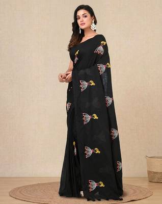 black ethnic motifs cotton blend soft saree 2