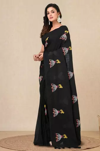 black ethnic motifs cotton blend soft saree