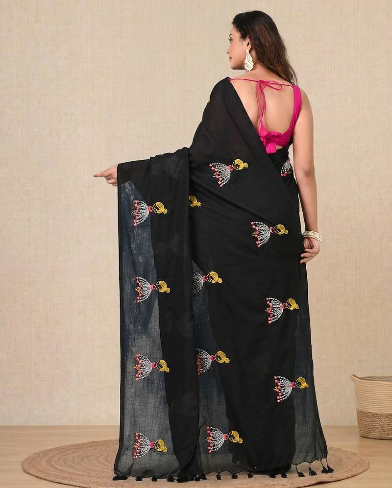 black ethnic motifs cotton blend soft saree
