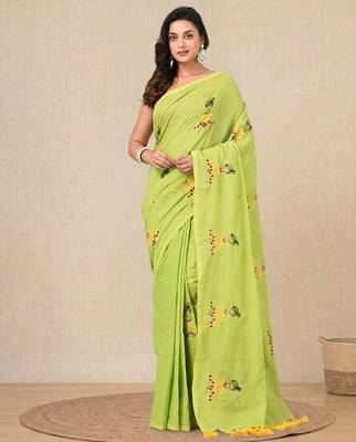green ethnic motifs cotton blend soft saree 1