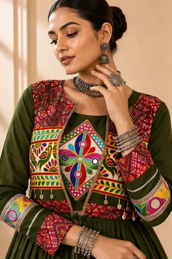 Green Cotton Gamthi Work Lehenga Choli with Koti