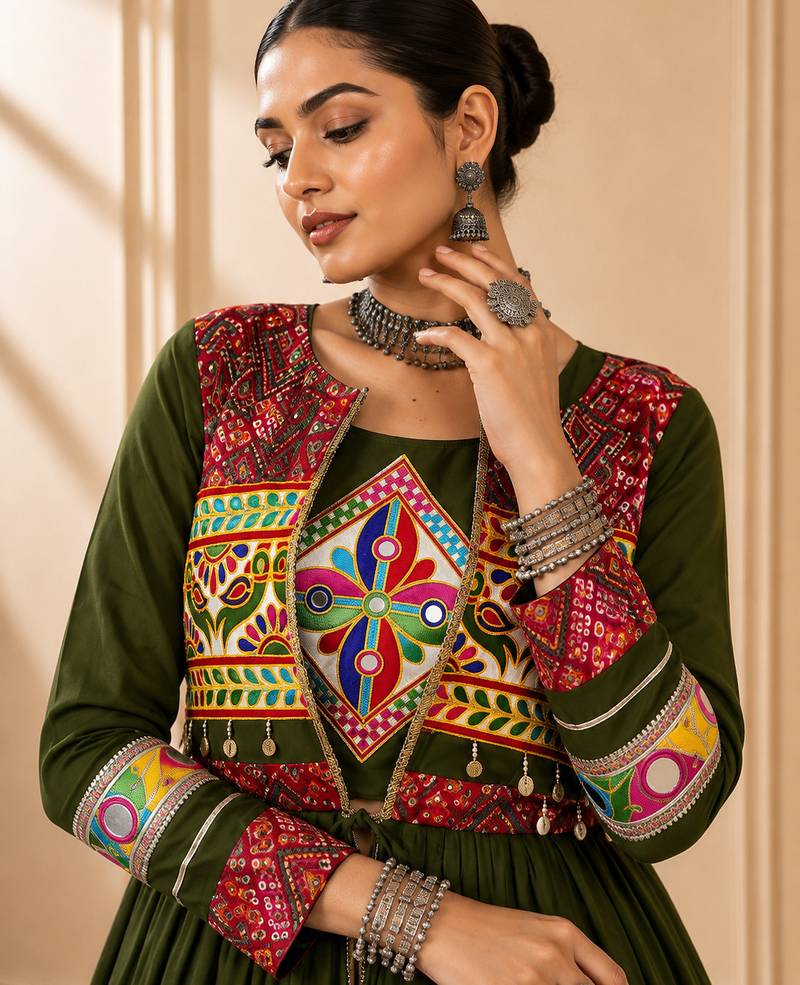 Green Cotton Gamthi Work Lehenga Choli with Koti
