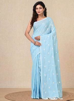 sky blue heart motifs cotton blend soft saree 1
