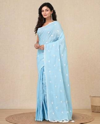 sky blue heart motifs cotton blend soft saree 2