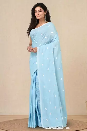 sky blue heart motifs cotton blend soft saree
