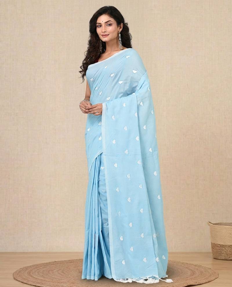 sky blue heart motifs cotton blend soft saree