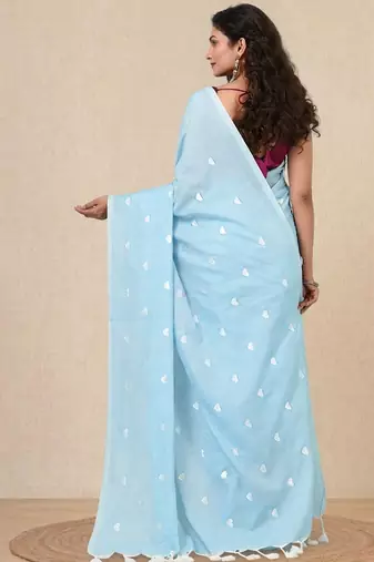 sky blue heart motifs cotton blend soft saree