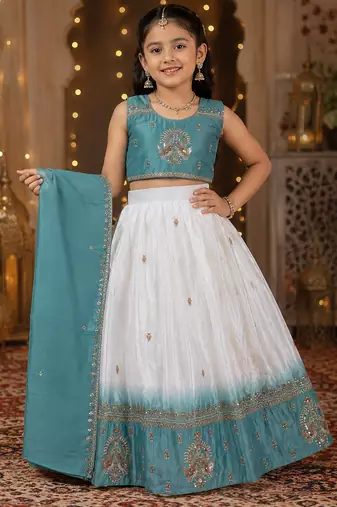 Girls white & sky blue peding silk chaniya choli for wedding