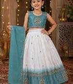 Girls white & sky blue peding silk chaniya choli for wedding