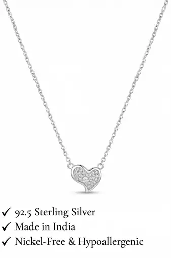 925 Sterling Silver Rhodium Plated Heart CZ Pendant Necklace  Set for Women