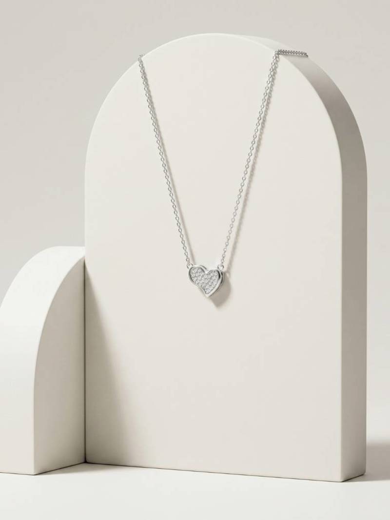 925 Sterling Silver Rhodium Plated Heart CZ Pendant Necklace  Set for Women