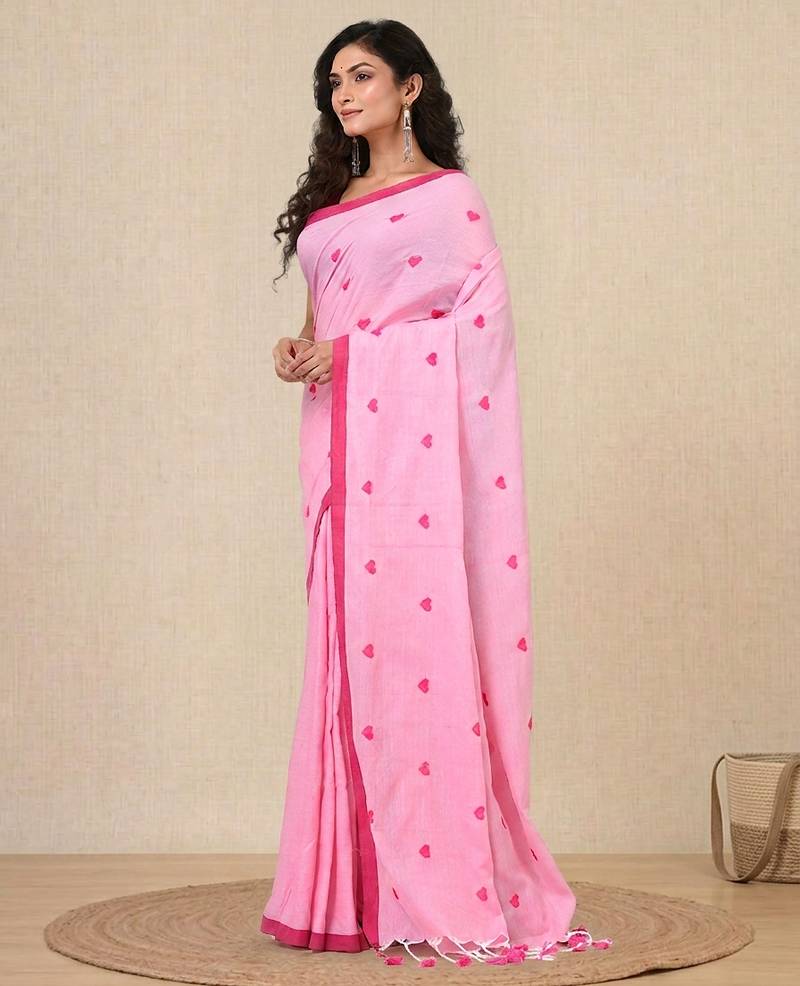 pink heart motifs cotton blend soft saree