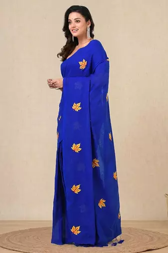 blue leaf motifs cotton blend soft saree