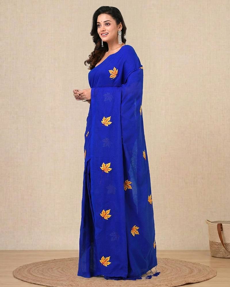 blue leaf motifs cotton blend soft saree
