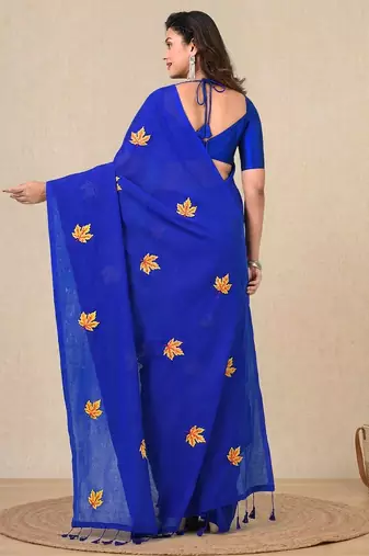blue leaf motifs cotton blend soft saree
