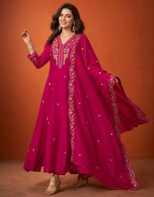 Embroidered Vichitra Silk Flared Kurta Pant and Dupatta Set 1