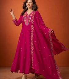 Embroidered Vichitra Silk Flared Kurta Pant and Dupatta Set