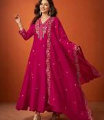 Embroidered Vichitra Silk Flared Kurta Pant and Dupatta Set