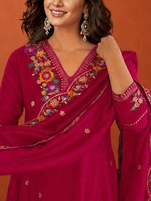 Embroidered Vichitra Silk Flared Kurta Pant and Dupatta Set 2
