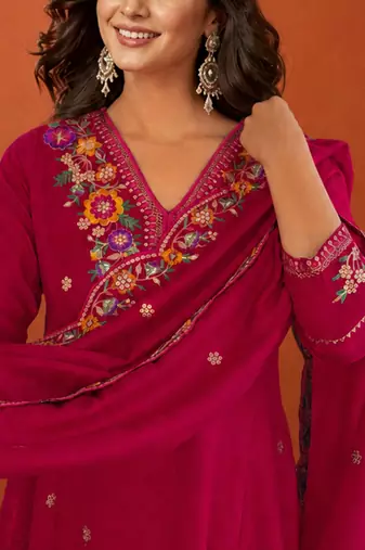 Embroidered Vichitra Silk Flared Kurta Pant and Dupatta Set