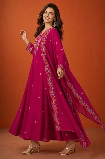 Embroidered Vichitra Silk Flared Kurta Pant and Dupatta Set