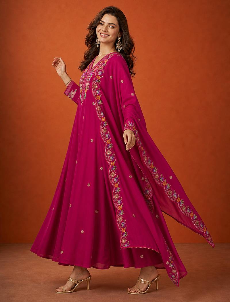 Embroidered Vichitra Silk Flared Kurta Pant and Dupatta Set