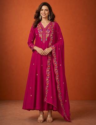 Embroidered Vichitra Silk Flared Kurta Pant and Dupatta Set 5