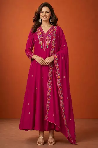 Embroidered Vichitra Silk Flared Kurta Pant and Dupatta Set