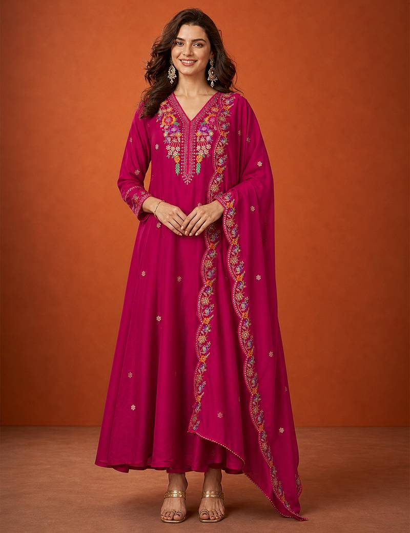 Embroidered Vichitra Silk Flared Kurta Pant and Dupatta Set